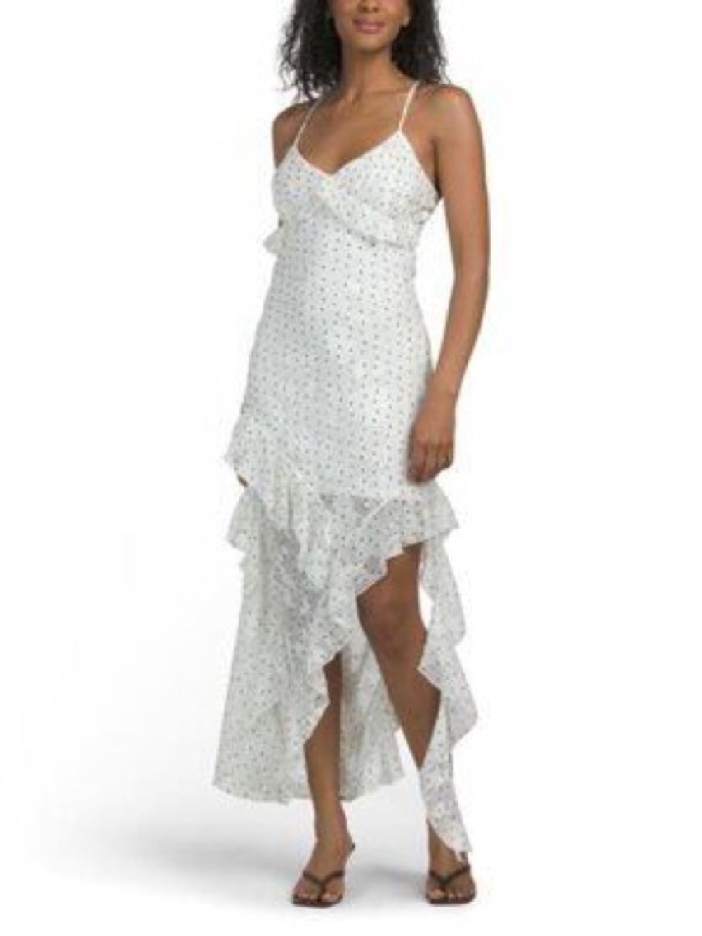 White Micro-Print High-Low Ruffle Slip Dress